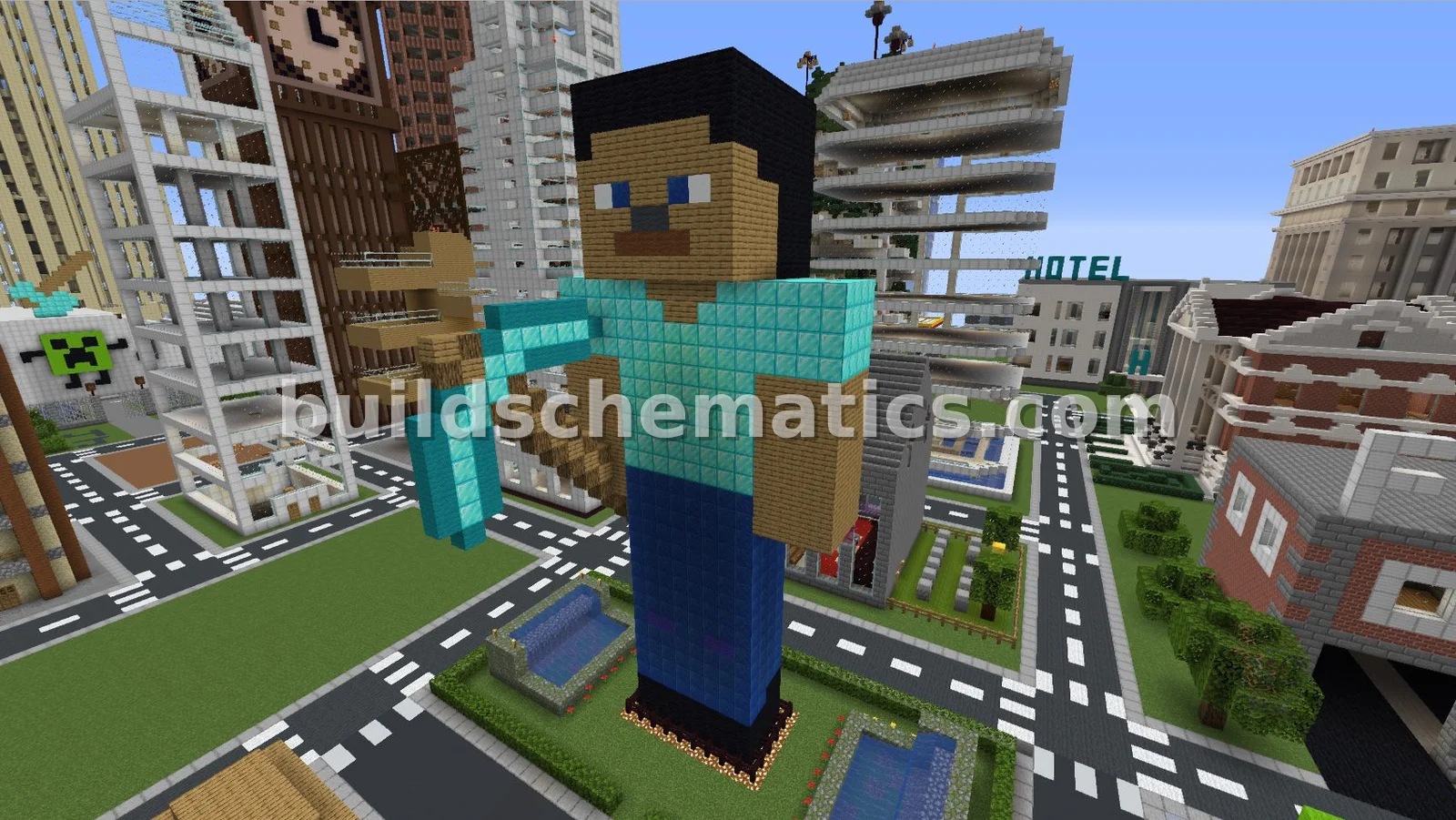 Steve Statue With Garden And Waterfalls